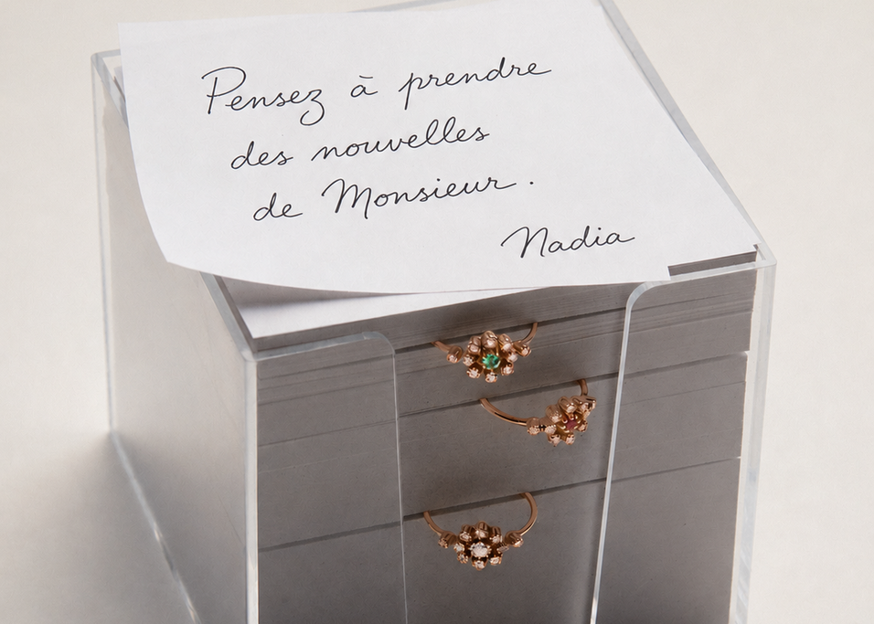 Mot de Nadia sur une pile de papier avec des bagues brunes 